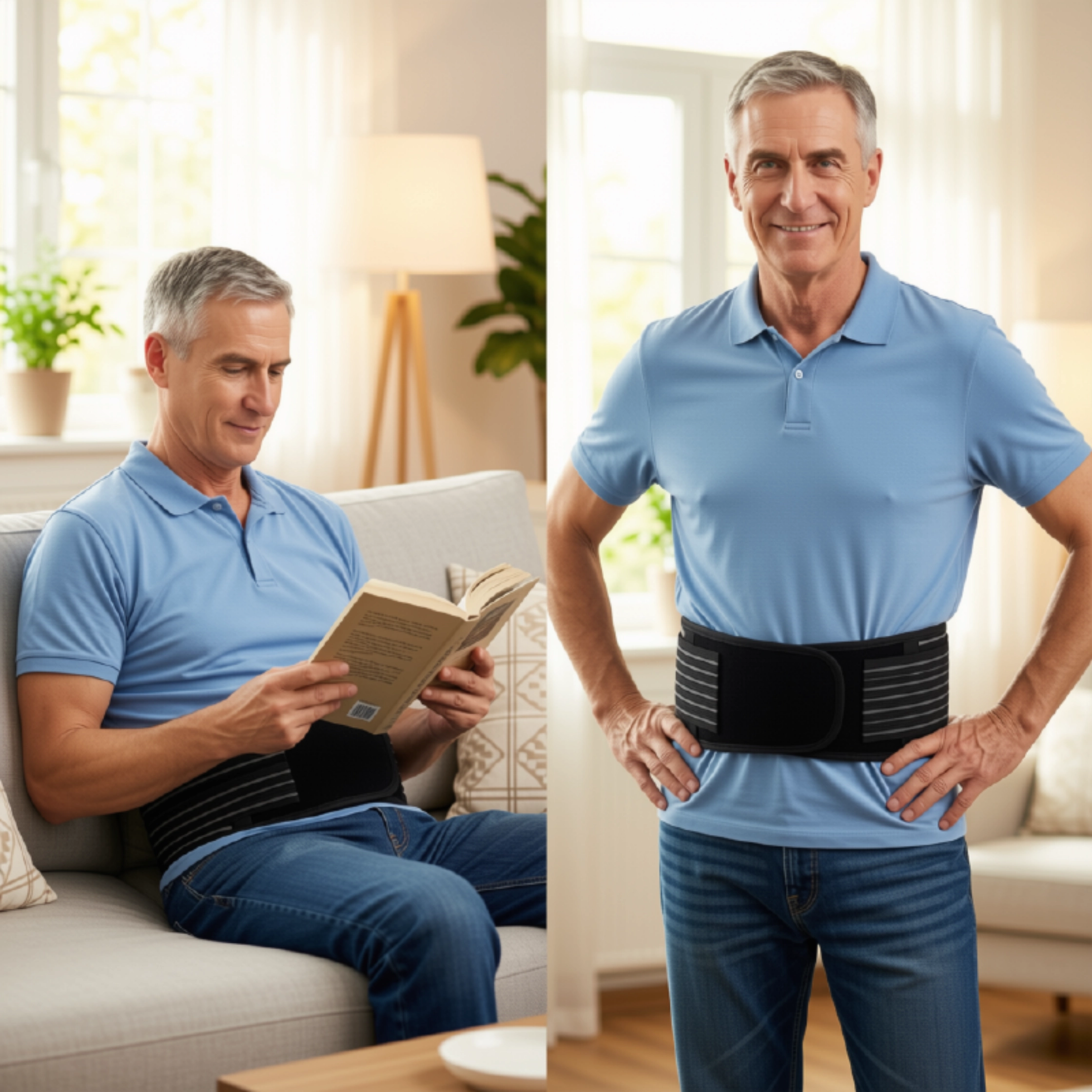 lower-back-support-lifestyle-shot lifestyle shot of man wearing the lower back support at home