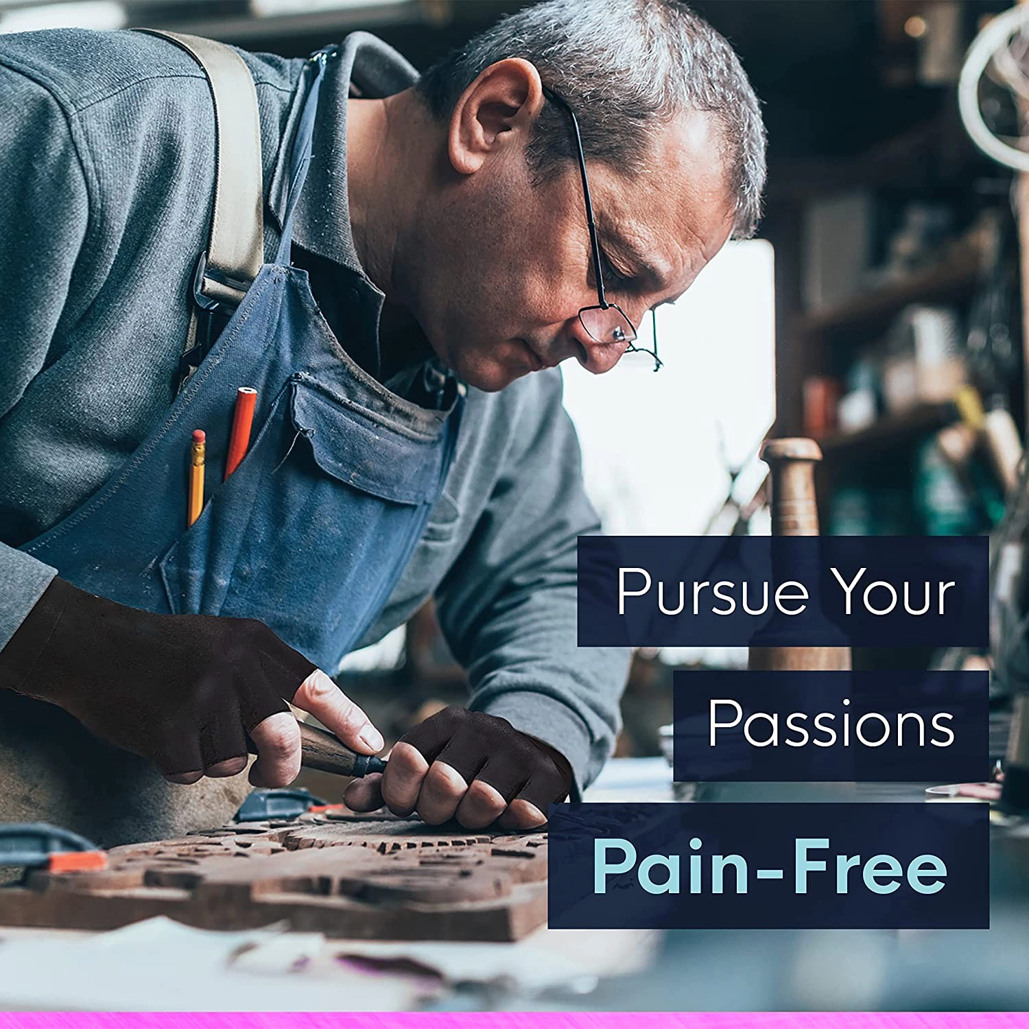 gloves-increases-hand-function-reduces-stiffness Man working with wood while wearing black gloves, demonstrating enhanced grip and reduced hand discomfort.