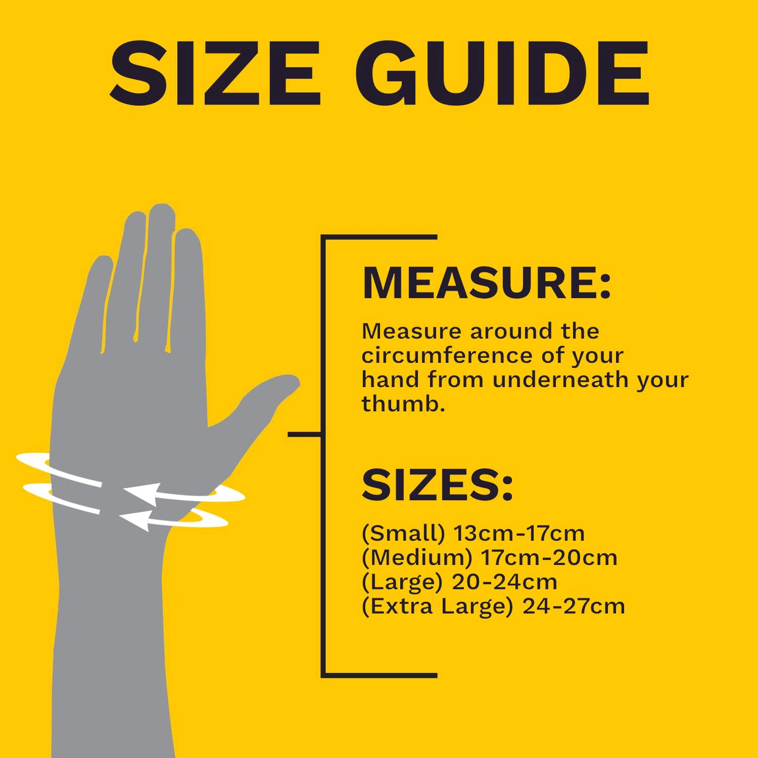 hand-size Black Raynaud’s glove size chart demonstration, showing a hand measuring under the thumb with a tape measure for small, medium, large, and extra-large fits.