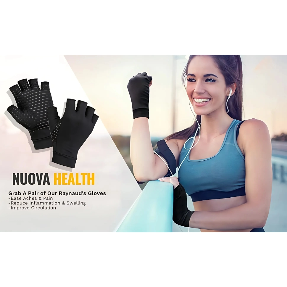 NuovaHealth-gloves-banner Banner scene featuring a woman standing on a bridge wearing black gloves, illustrating style and outdoor usability
