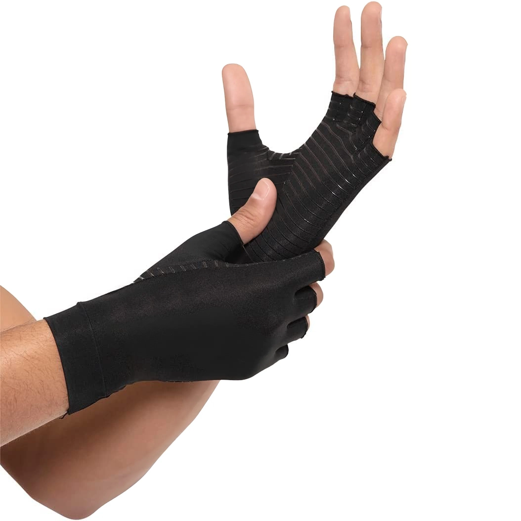 raynauds-gloves-2 Side view of mans hands wearing a pair of black compression gloves designed to provide targeted support and relief for men and women with Raynaud’s.