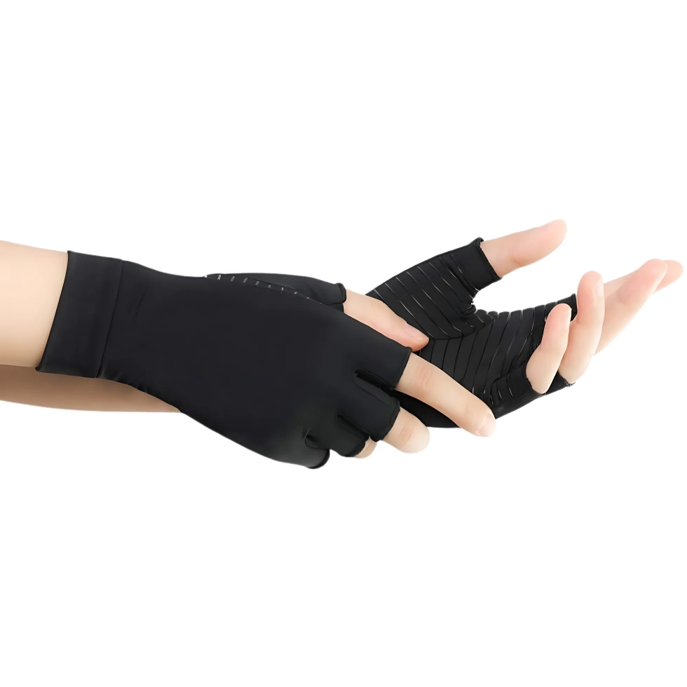 raynauds-gloves-4 Focused view of a woman’s hands wearing black gloves, showing sleek fit and supportive compression.