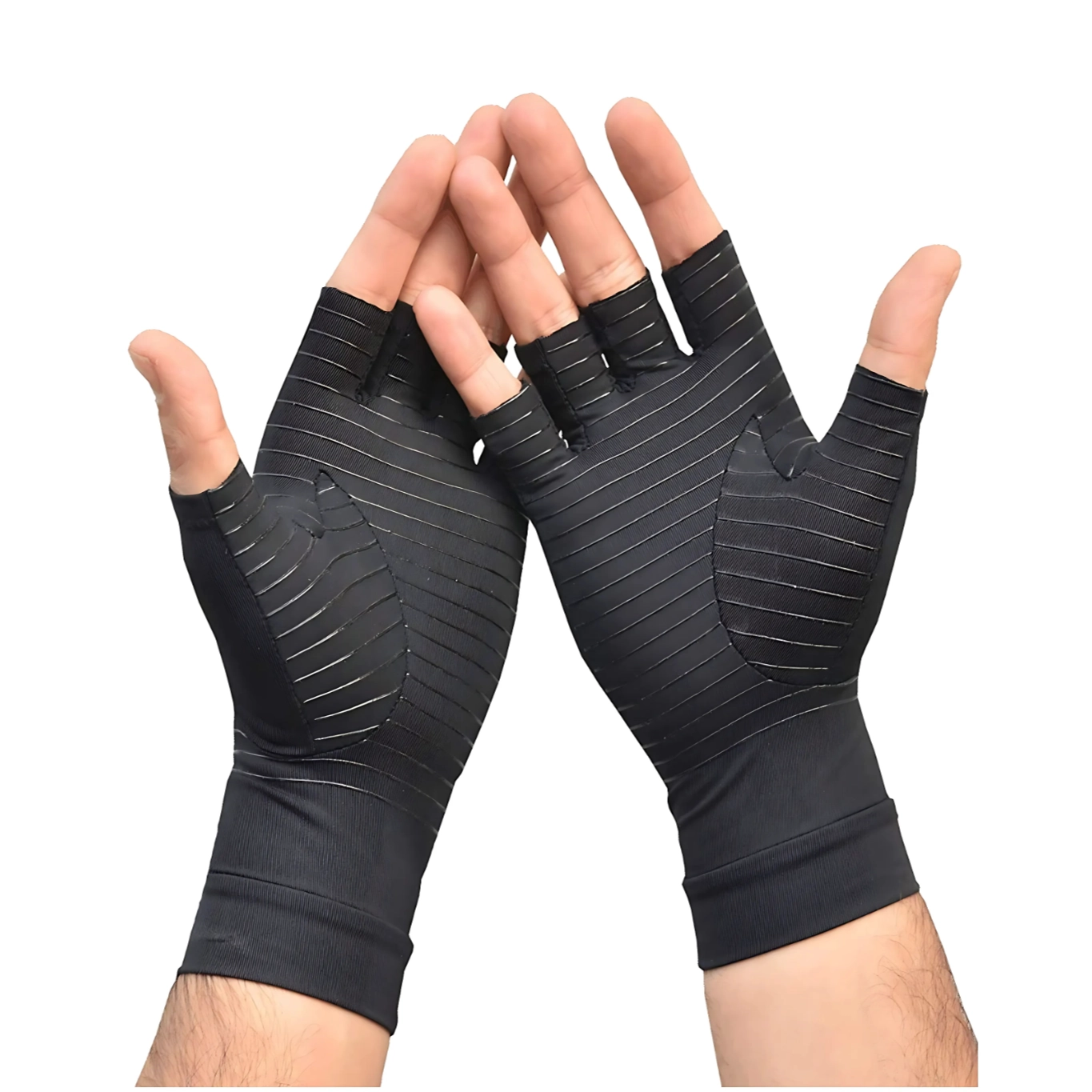 raynauds-gloves-6 Man’s hands showcasing the supportive, compressive fit of the black Ryanauds gloves, highlighting potential benefits for hand comfort.