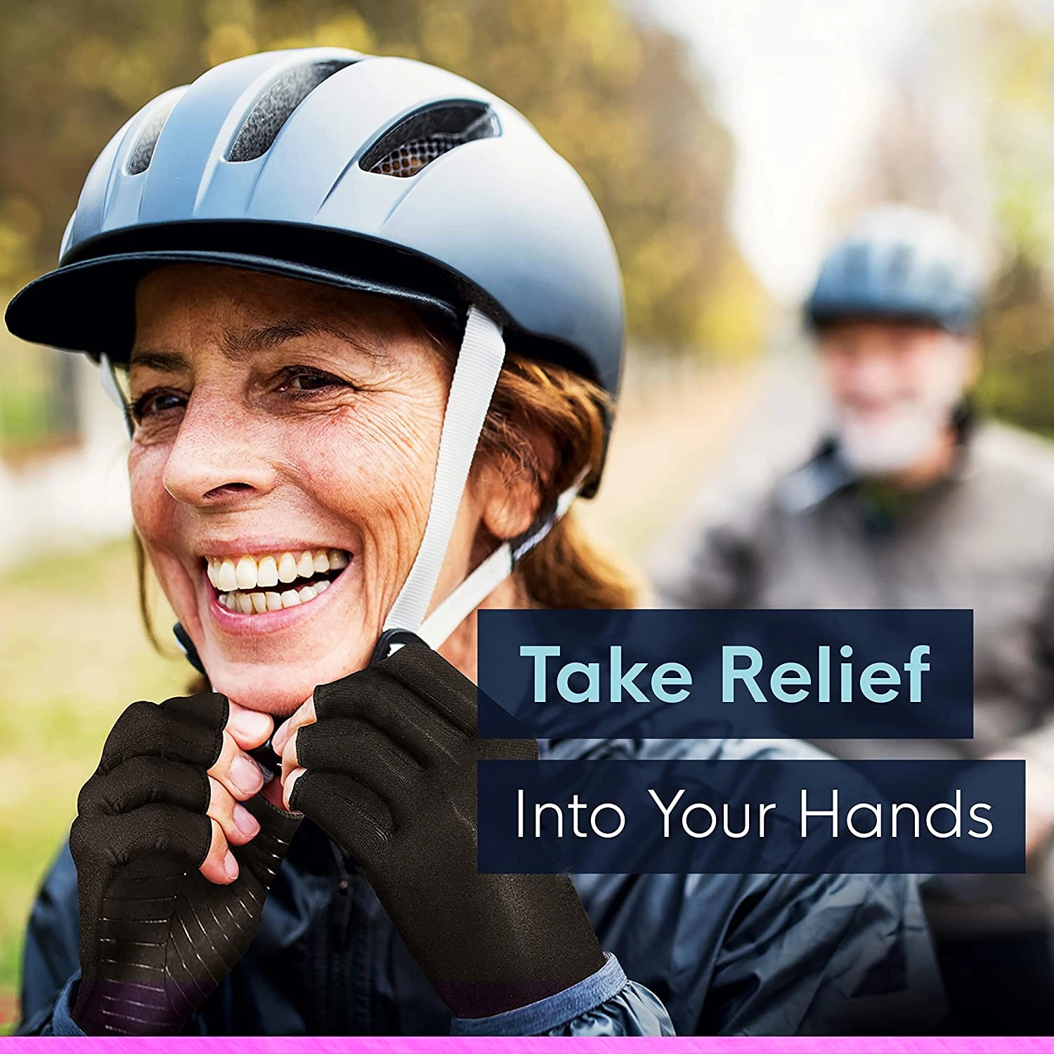 raynauds-gloves-pain-releif Woman fastening her helmet strap in black Raynaud’s gloves, emphasizing the ease of performing delicate tasks.