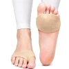 main product image of a pair of cushioned pads designed for Morton’s Neuroma support is shown on a woman’s foot against a plain white background. The soft gel cushion rests beneath the forefoot, providing shock absorption and reducing pressure on the metatarsal area. A contoured metatarsal bar lifts and separates the toes, aligning the bones to alleviate nerve compression. Breathable fabric wraps around the foot, securing the pad in place while moisture-wicking materials ensure comfort. The slim, low-profile design integrates discreetly with footwear, offering targeted relief for ball-of-foot discomfort. Reinforced edges prevent shifting during movement, maintaining consistent support throughout the day.