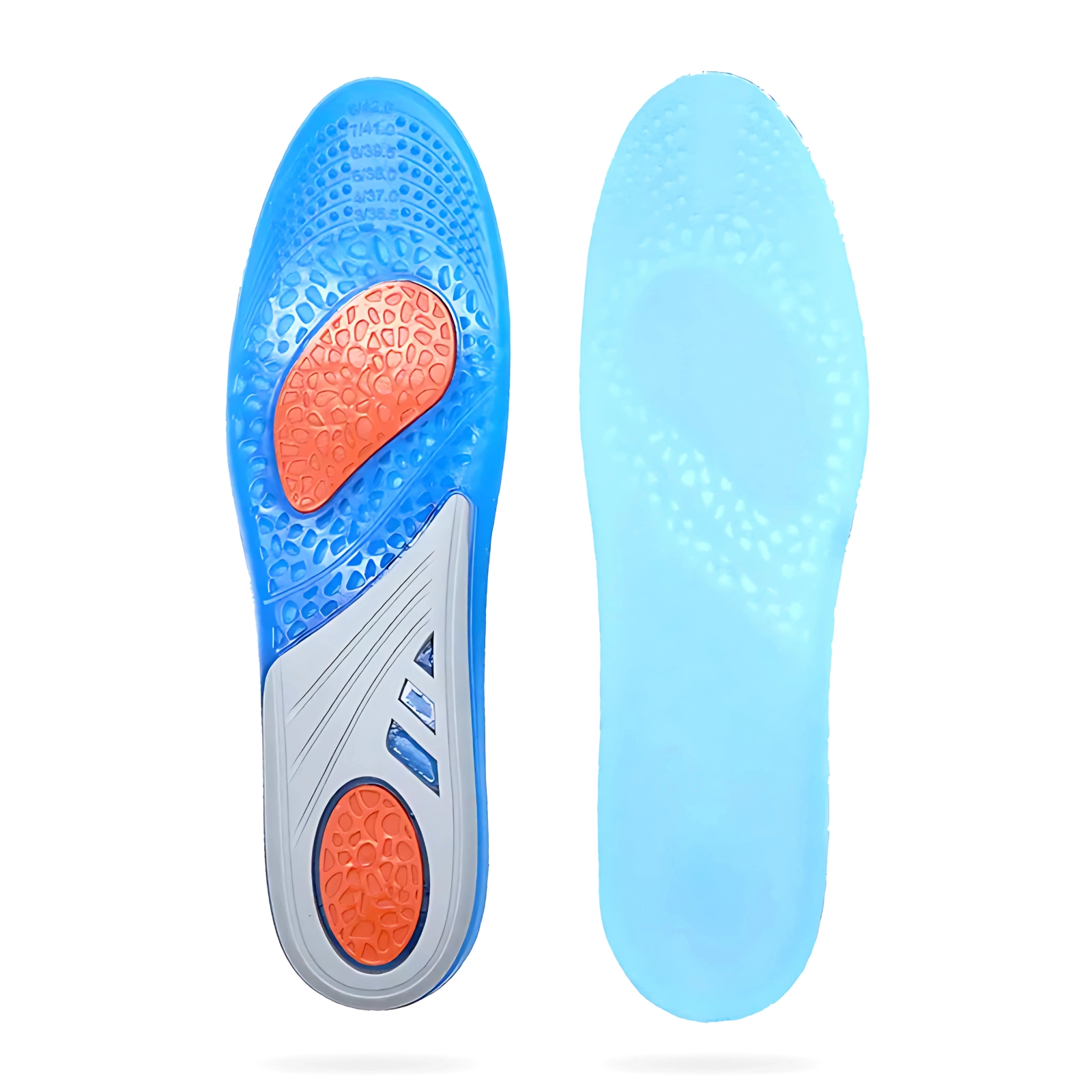 Top view of blue massaging gel orthotic comfort insoles