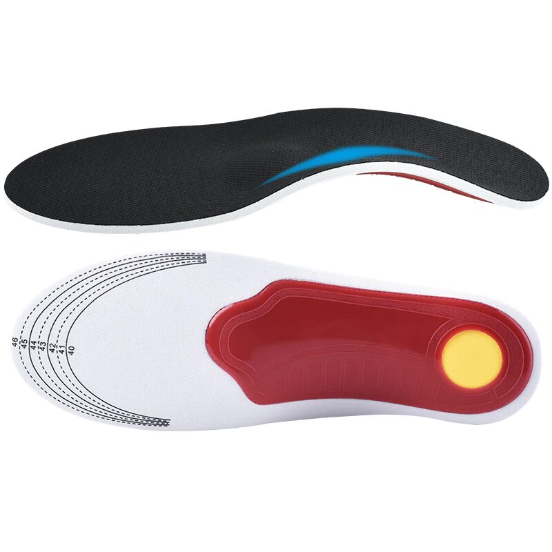 A pair of Orthotic insoles for high arches and flat feet to help ease foot pain and reduce strain on your feet