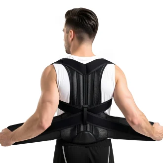 man wearing the Back support brace for men and women, shown from the back with adjustable straps and a supportive lumbar panel for improved posture.