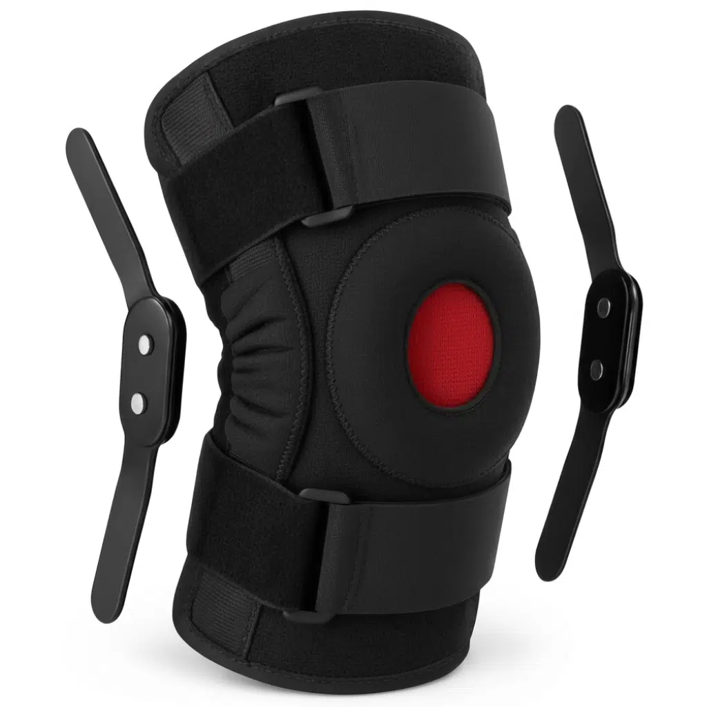 A black neoprene ACL knee brace with adjustable metal hinges on each side, designed for support and stability.