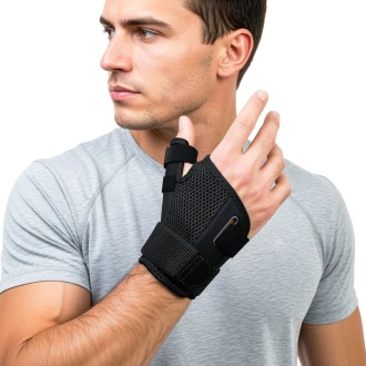 Product image of mans hand wearing our thumb brace for thumb and wrist pain and injury.