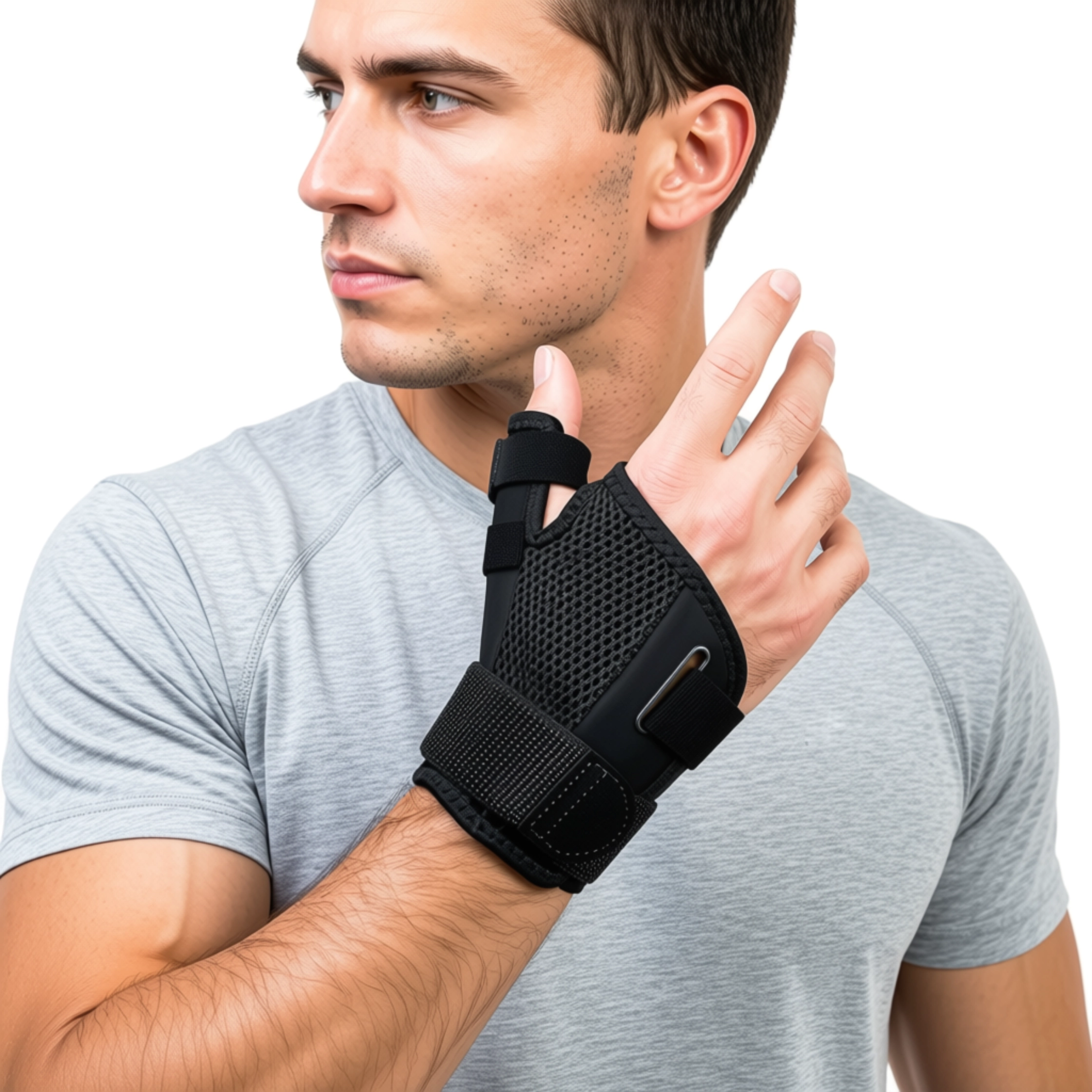 Product image of mans hand wearing our thumb brace for thumb and wrist pain and injury.