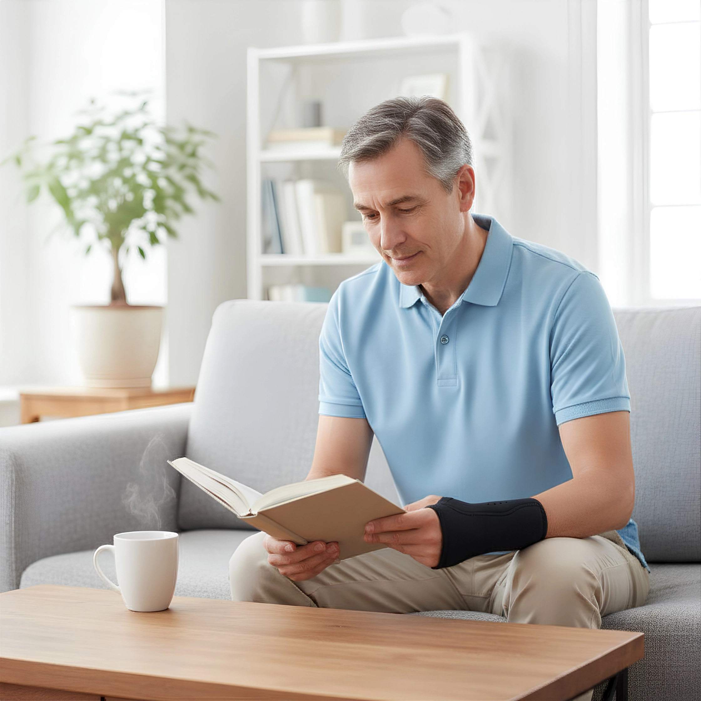 man-reading-book-wearing-wrist-support Wrist Splint