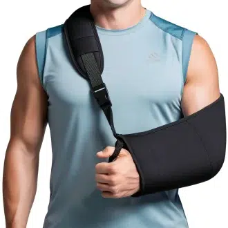 Front-facing view of rotator cuff support sling stabilizing a man's injured shoulder, featuring a contoured design to cradle the arm and offload pressure from damaged tendons. Adjustable straps allow precise tension control for partial or full immobilization, with moisture-wicking mesh lining to enhance comfort. The rigid yet lightweight frame promotes proper healing alignment, ideal for tears, tendinitis, or post-operative shoulder recovery."