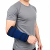 Navy blue forearm support brace comfortably worn on adult male arm for injury recovery and joint stability