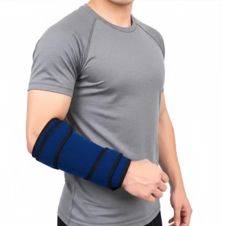 Navy blue forearm support brace comfortably worn on adult male arm for injury recovery and joint stability