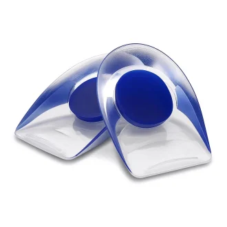 Two transparent silicone gel heel insert cups stacked on top of each other, designed to absorb shock and relieve heel pain and plantar fasciitis for both men and women.