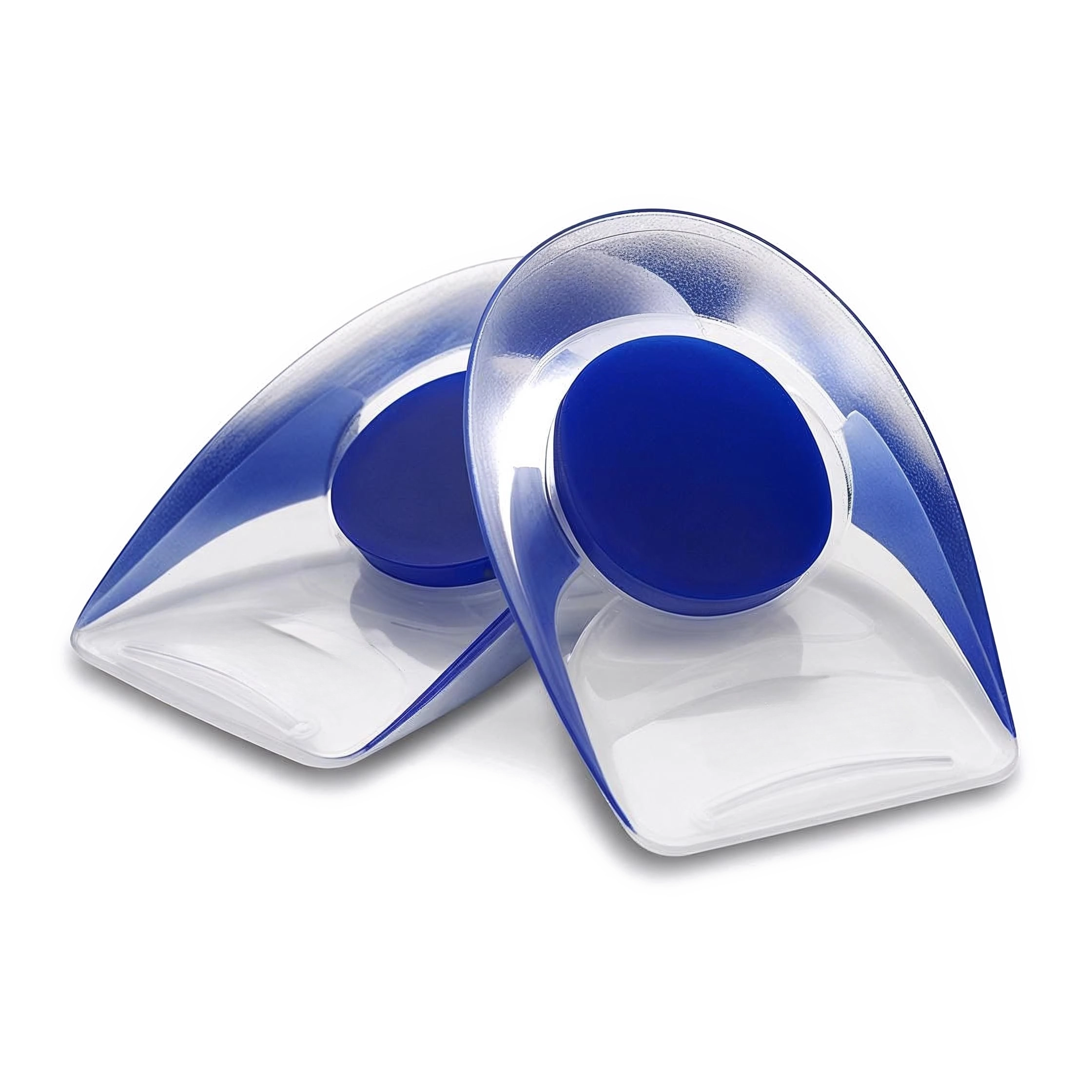 Two transparent silicone gel heel insert cups stacked on top of each other, designed to absorb shock and relieve heel pain and plantar fasciitis for both men and women.