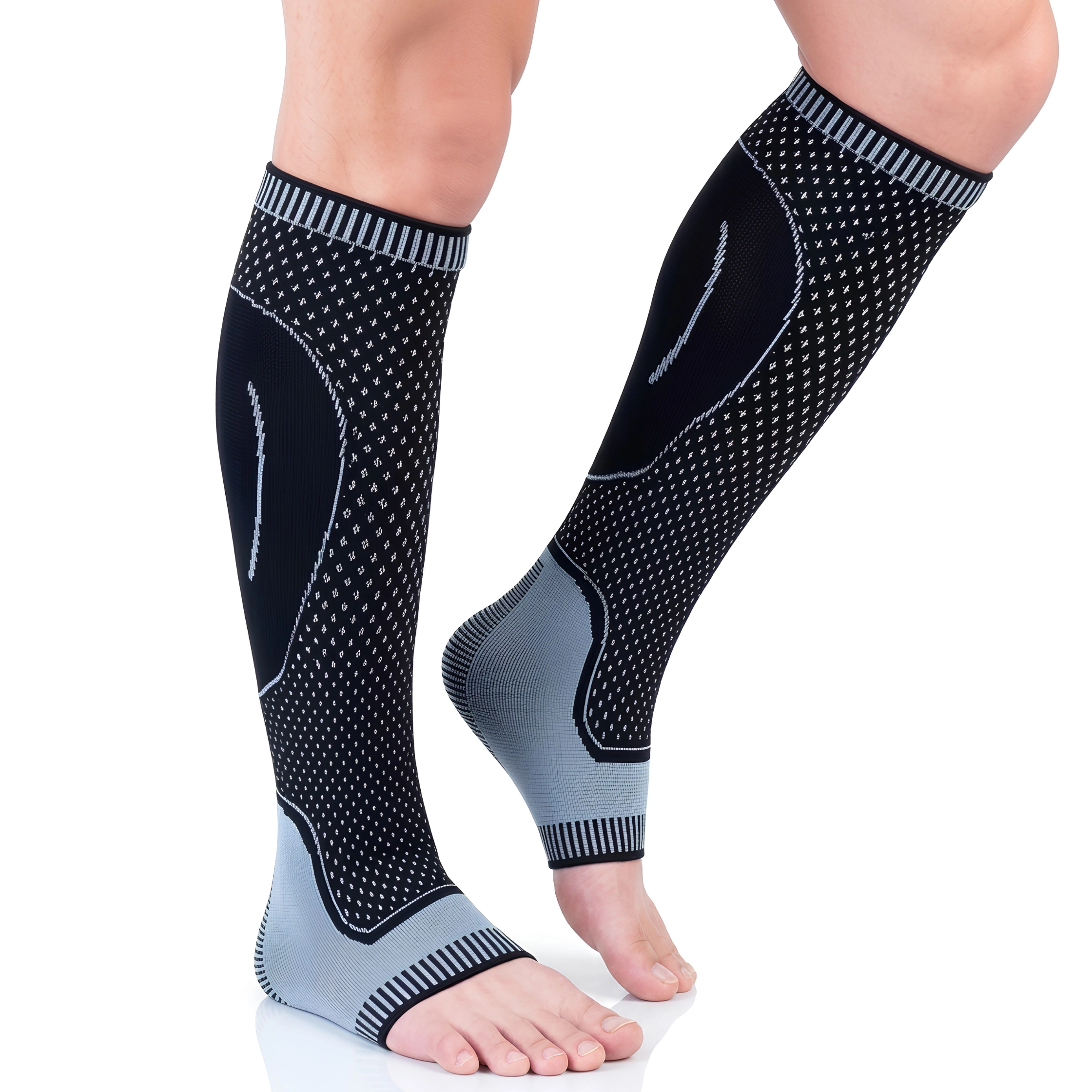 leg compression sleeves for shin splints worn by a man