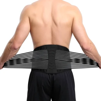 main product image of man wearing it on white background. Lower back brace belt For easing and treating Sciatica, Scoliosis, Slipped Disc, Herniated Disc, Back Pain Relief & Heavy Lifting