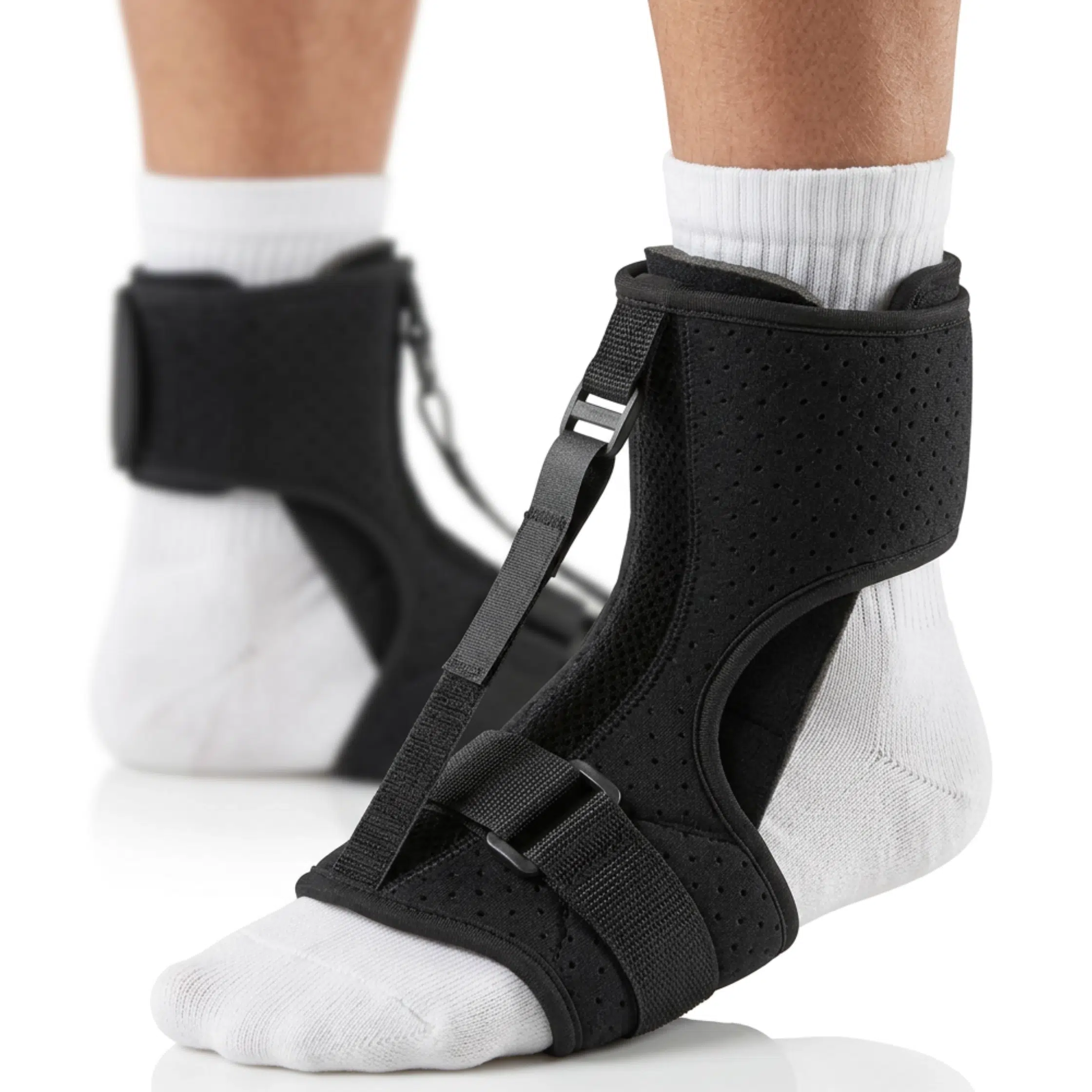 A night splint brace designed for Plantar fasciitis relief is shown on a man's foot against a clean white background. The device holds the foot in a gentle dorsiflexion position, maintaining a stretch along the Achilles tendon and plantar fascia. An adjustable tension strap secures the midfoot, allowing customizable support while padded contours ensure comfort. The rigid frame stabilizes the ankle, promoting proper alignment overnight to reduce morning stiffness. Soft, breathable materials line the interior for extended wear.