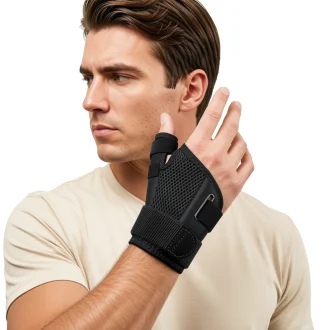 man wearing the thumb support brace on his hand. main product image.