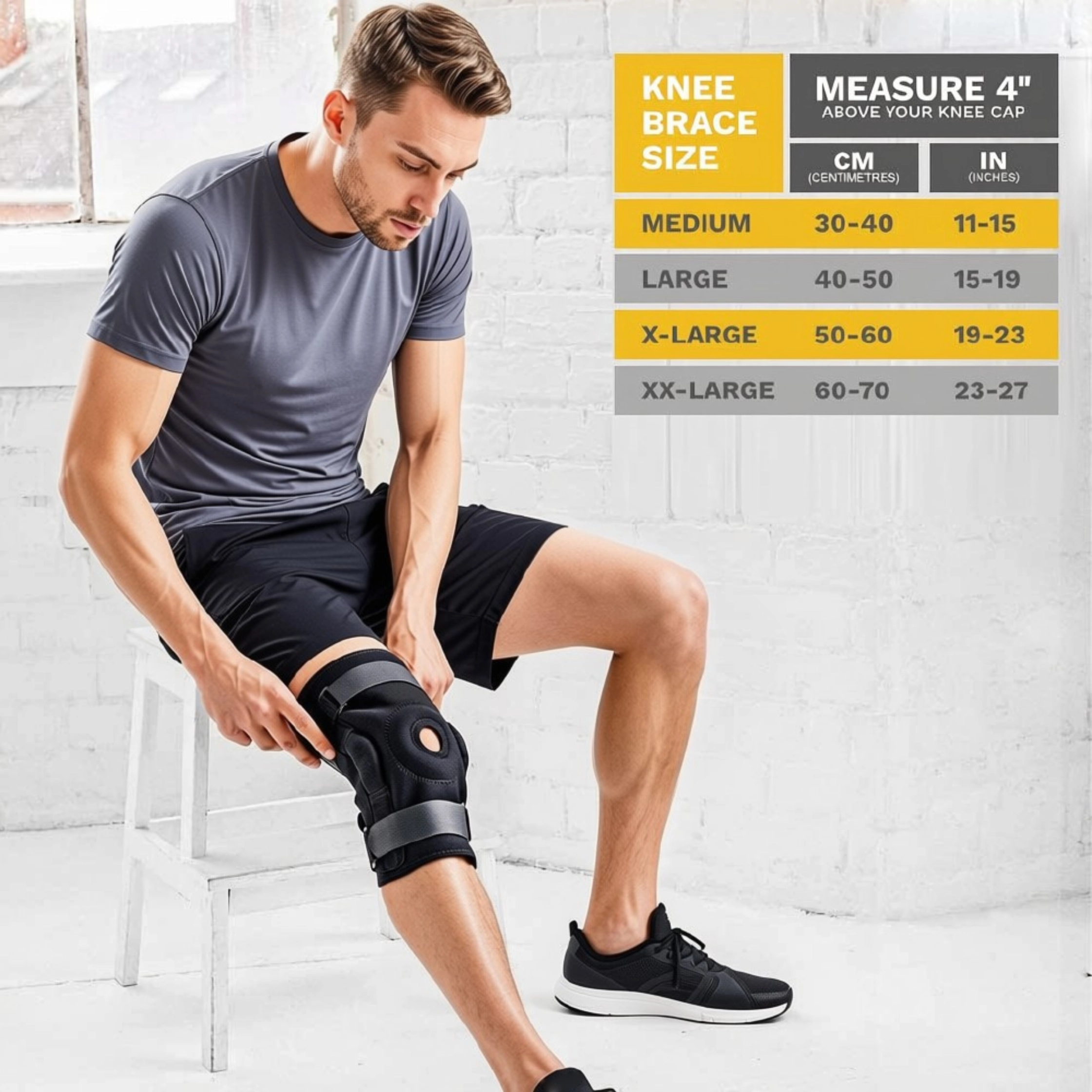 knee-brace-size-guide-1 KNEE BRACE SIZE GUIDE: Size Thigh Circumference (cm) Approximate Inches Medium 30–40 cm 11–15 inches Large 40–50 cm 15–19 inches XL 50–60 cm 19–23 inches XXL 60–70 cm 23–27 inches