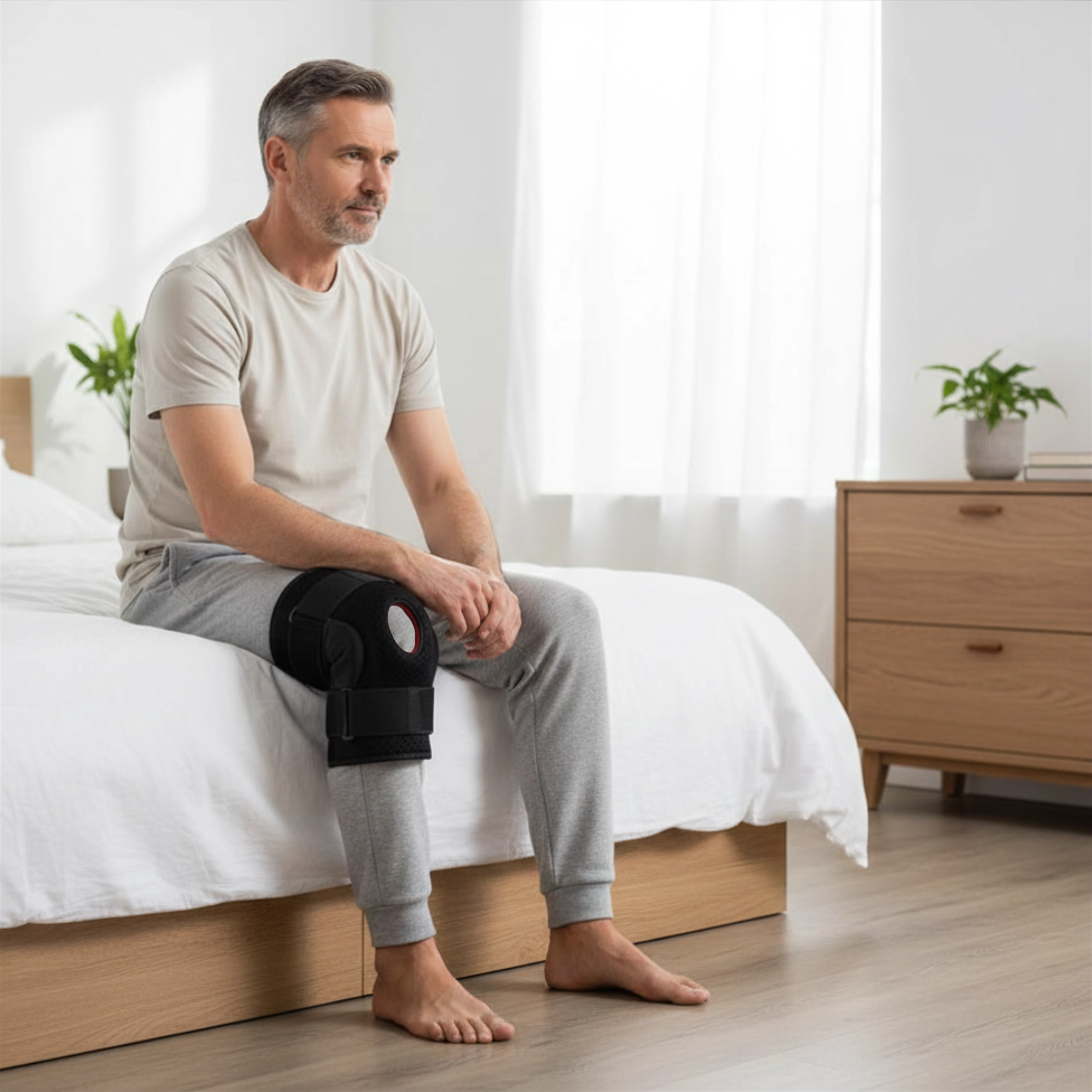 older-man-wearing-knee-brace older man sat on bed wearing the knee brace