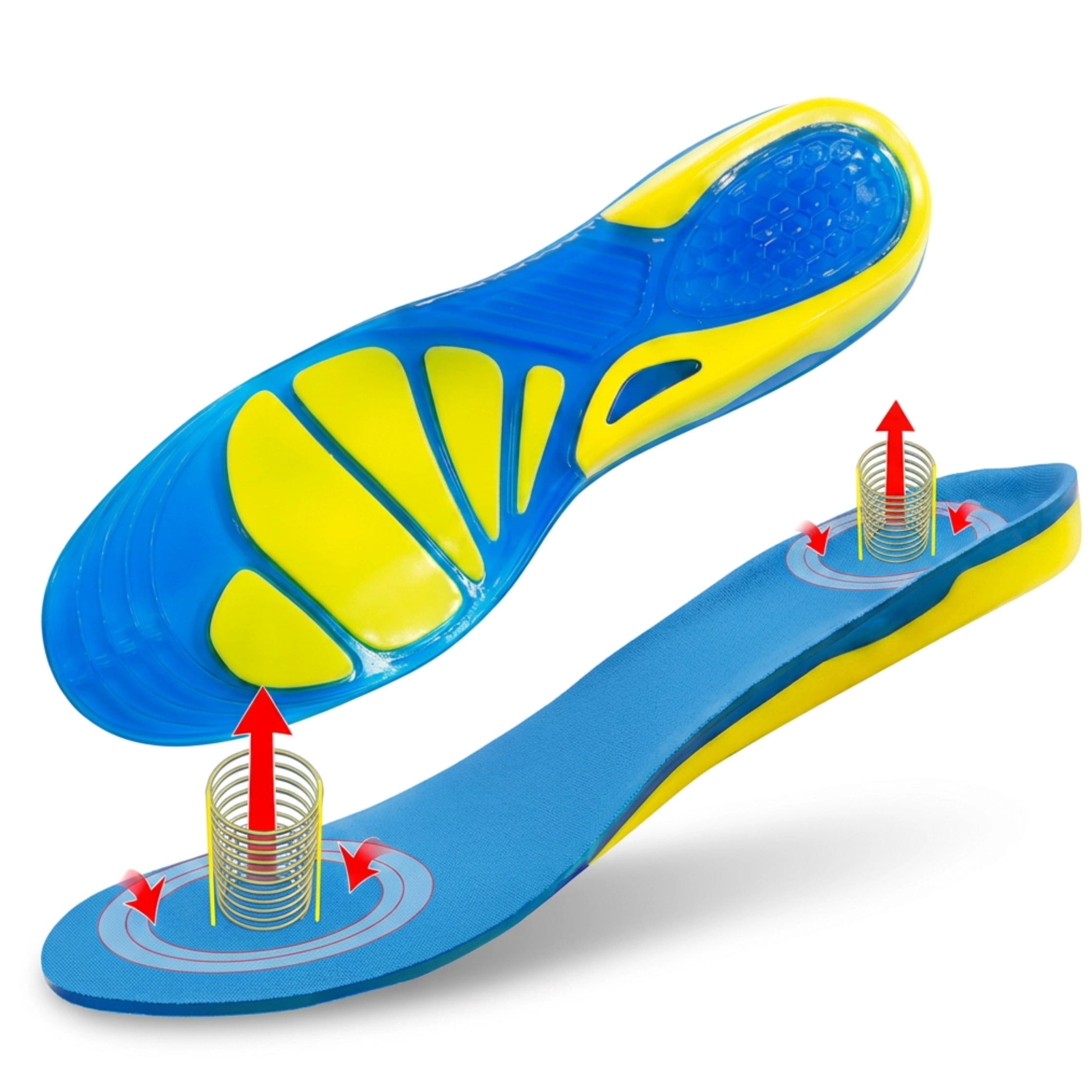 gel-insoles A pair of blue and yellow shock-absorbing gel insoles designed to alleviate sesamoiditis with targeted cushioning and arch support.