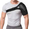 A man wearing a black shoulder support compression brace, its adjustable straps snugly secured to stabilize the joint. The breathable, elastic material contours to the body, providing targeted compression to reduce swelling and improve mobility during recovery.