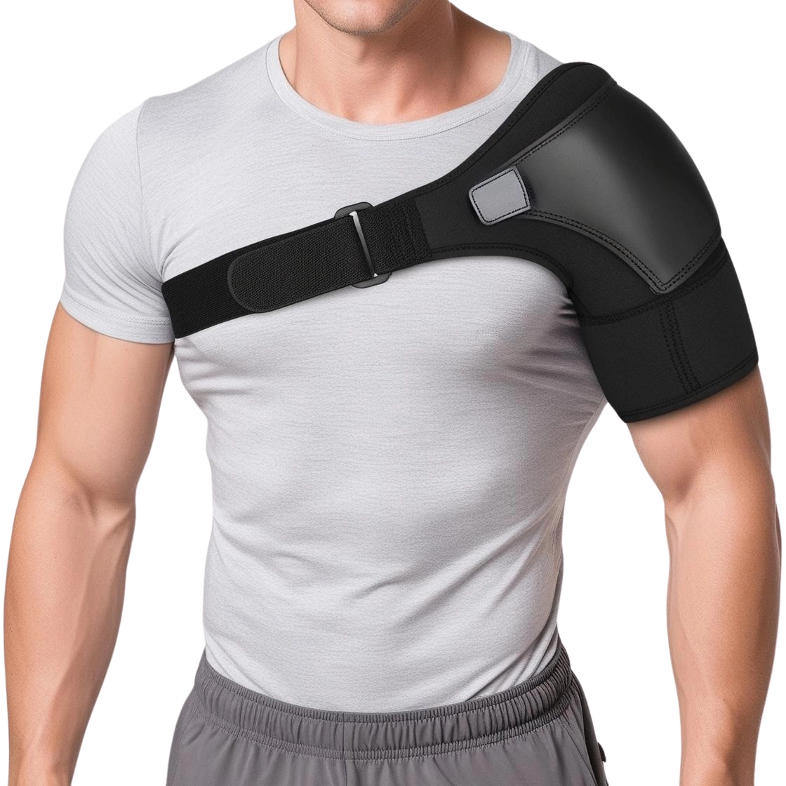 A man wearing a black shoulder support compression brace, its adjustable straps snugly secured to stabilize the joint. The breathable, elastic material contours to the body, providing targeted compression to reduce swelling and improve mobility during recovery.